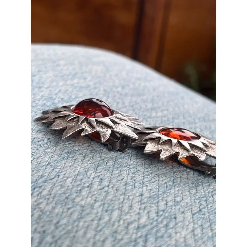 Vintage 1970s Clip Earrings Sterling Silver 925 Natural Amber Sunburst - 1F